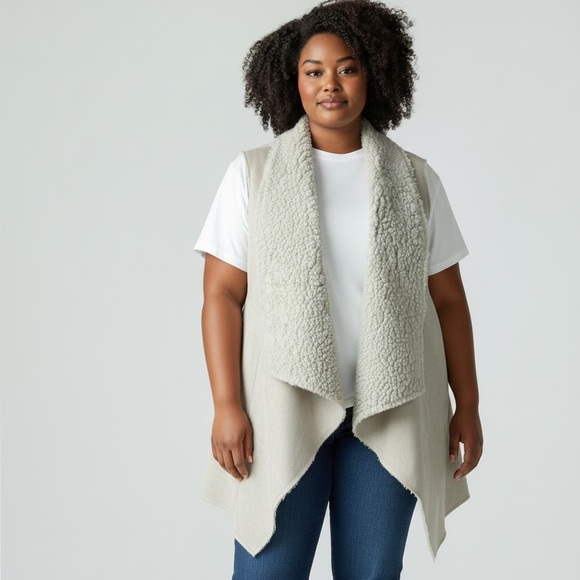 vintage Jackets & Blazers - Retro Sherpa Waterfall Open Front Vest | Cozy Neutral Layering Piece plus Size